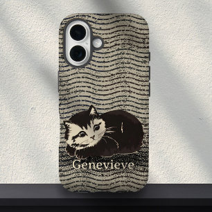 Coque Pour iPhone 16 Chat noir et blanc mignon grunge Nom personnalisé