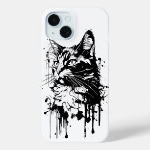 Coque Pour iPhone 15 Chat noir et blanc Splash 