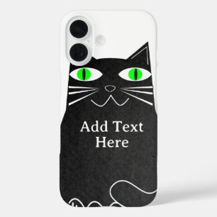 Coque Pour iPhone 16 Chat Noir Gras Avec Des Yeux Verts Texte Personnal