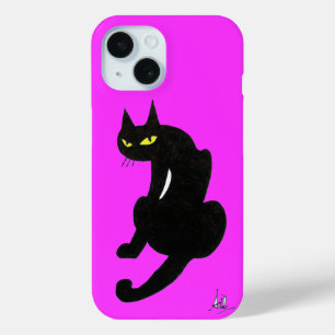 Coque Pour iPhone 15 CHAT NOIR NINJA Rose Fuchsia