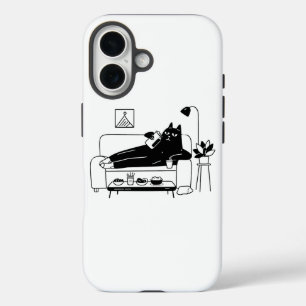 Coque Pour iPhone 16 Chat Noir Paresseux Se Détendant Sur Un Canapé Ave