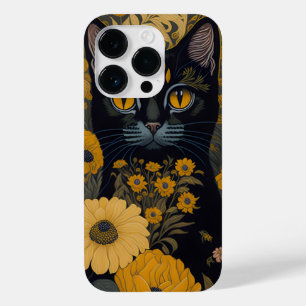 Coque Pour iPhone 14 Pro Chat noir Yellow Eyes Fleurs Vintages