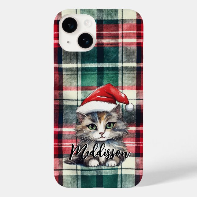 Coques Case-Mate iPhone Chat Père Noël Plaid De Noël Avec Nom (Verso)