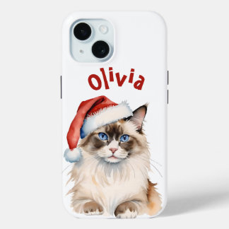Coque Pour iPhone 15 Chat Ragdoll de Noël Aquarelle
