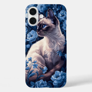 Coques iPhone 16 Plus Chat siamois en Fleurs Bleues