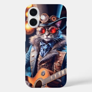 Coque Pour iPhone 16 Chat Steampunk jouant de la guitare, chapeau haut 