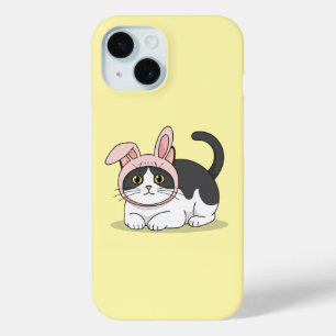 Coque Pour iPhone 15 Chat Tuxedo Adorable avec un Chapeau Lapin Rose Es