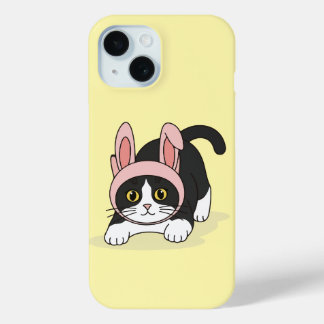 Coque Pour iPhone 15 Chat Tuxedo Adorable en Chapeau de Lapin Rose Esth
