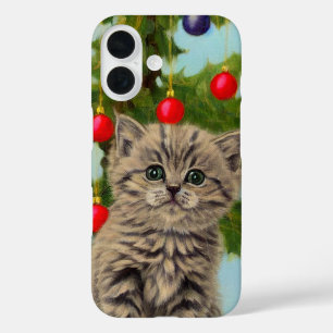 Coque Pour iPhone 16 Chat vintage et sapin de Noël