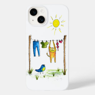 Coque Pour iPhone 14 Chat Whimsical sur une ligne de linge