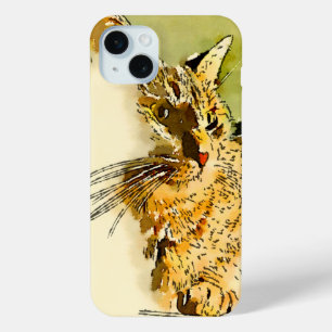 Coque iPhone 15 Mini Chat Whiskers Profil latéral Coeur Nez Aquarelle