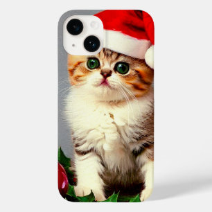 Coque Pour iPhone 14 Chaton de Noël Vintage à Santa Hat