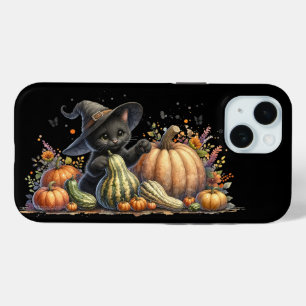 Coque Pour iPhone 15 Chaton de sorcière noire Halloween W/ Gourds Citro