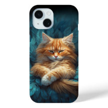 Chaton Tabby Orange en Lit de Plumes Bleues