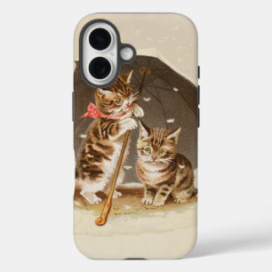 Coque Pour iPhone 16 Chatons vintage sous parapluie art de chat antique