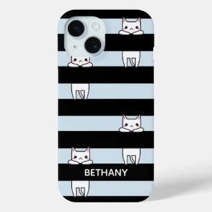 Coque Pour iPhone 15 Chats Escalades mignons sur bandes noires et bleue