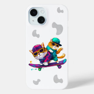 Coque Pour iPhone 15 Chats Jouer Skateboard porter des lunettes Hip hop