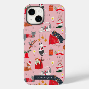 Coque Pour iPhone 14 Chats mignons rétro Noël rose 