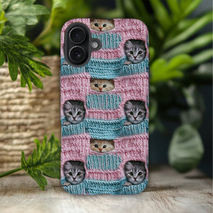 Coques iPhone 16 Plus Chats mignons Tricot bleu rose Fille
