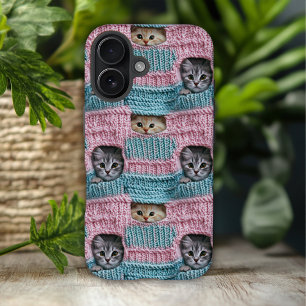Coque Pour iPhone 16 Chats Mignons Tricot Rose Bleu Féminin