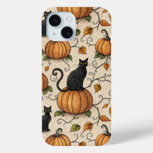 Coque Pour iPhone 15 Chats noirs et Motif Citrouille d'Halloween