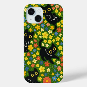 Coque Pour iPhone 15 Chats noirs   Motif floral de prairie avec de mign