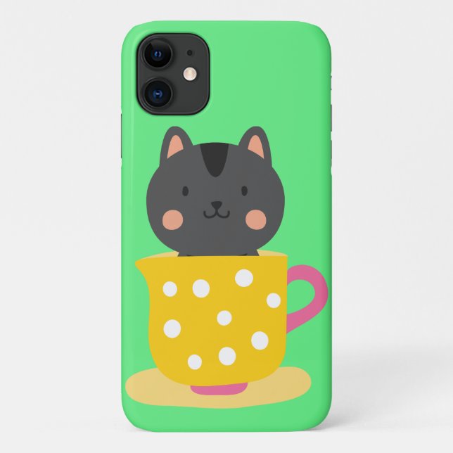 Coques Case-Mate iPhone Chatte mignonne en dessin animé sur la menthe (Dos)
