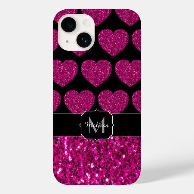 Coques Case-Mate iPhone Chaud coeur rose faux pétille motif Monogramme (Verso)