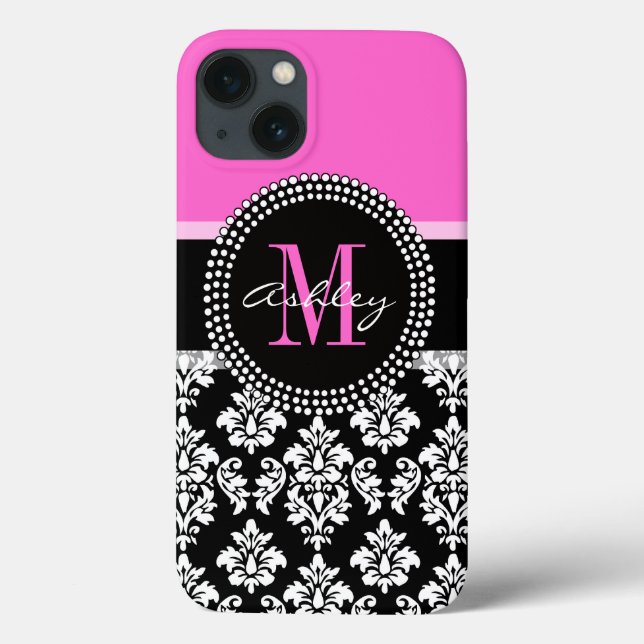 Coques Case-Mate iPhone Chaud rose noir Damask Monogramme (Verso)