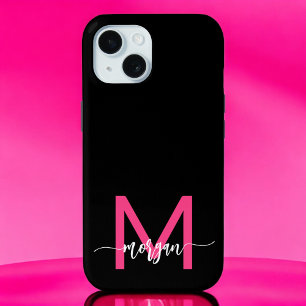 Coque Pour iPhone 15 Chaud rose noir moderne Script Girl Monogramme Nom