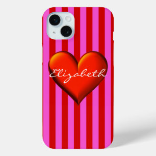 Coque iPhone 15 Mini Chaud rose rouge rayure rouge métal monogramme de