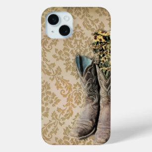 Coque iPhone 15 Mini Chaussures de cow-boy fleur sauvage occidental Dam