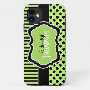 Coque iPhone 11 Chaux personnalisée, noir, pois rayé blanc
