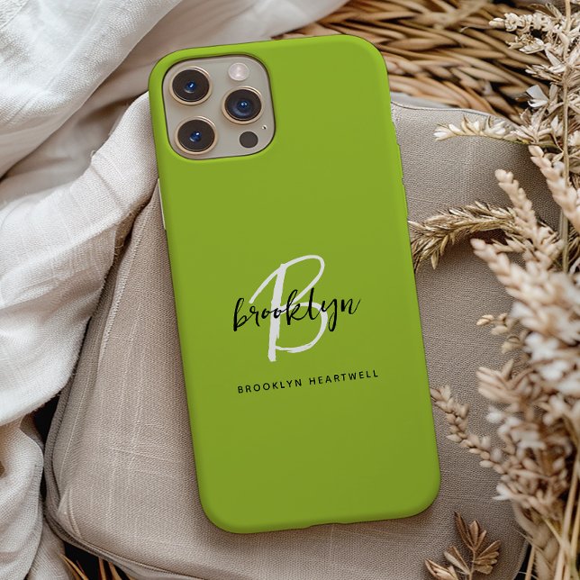 Coques Case-Mate iPhone Chaux Vert Noir Blanc Noir Monogramme Nom (Créateur téléchargé)