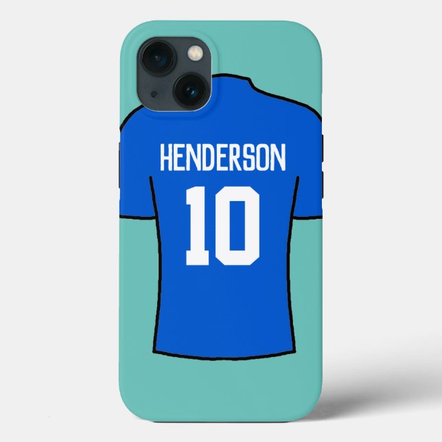 Coques Case-Mate iPhone Chemise de football en bleu avec nom et numéro (Verso)