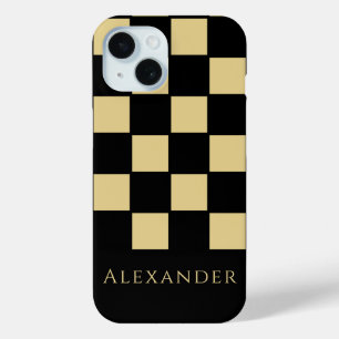 Coque Pour iPhone 15 Chèque noir et or personnalisé