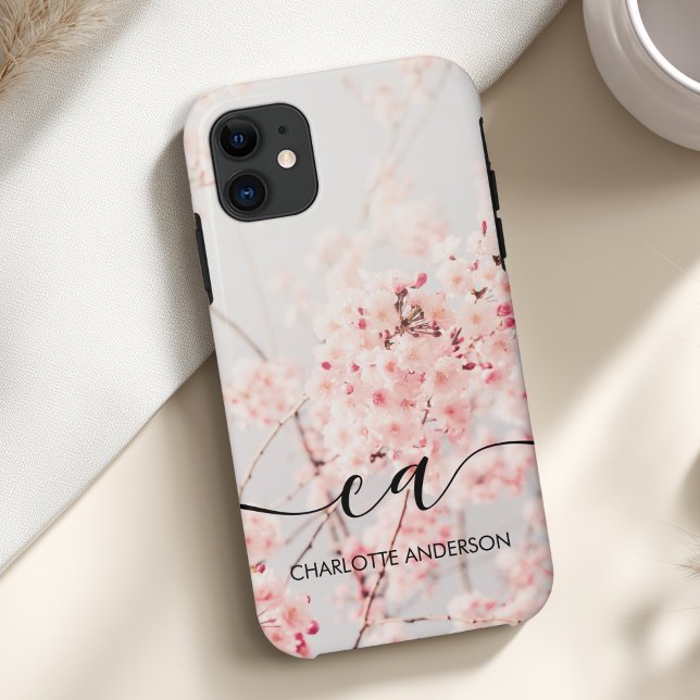 Coques Case-Mate iPhone Cherry Blossom Monogramme Élégant Personnalisé (Cherry Blossom Monogram Elegant Custom Case-Mate iPhone Case with your Monogram, Name or Text.)