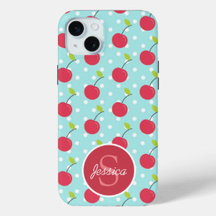 Coque iPhone 15 Mini Cherry et bleu Polka Motif personnalisé