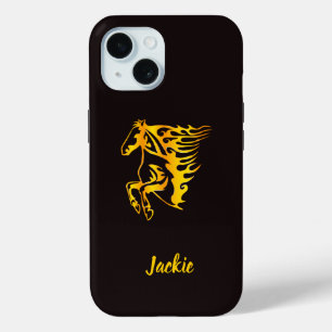 Coque Pour iPhone 15 Cheval à flamme dorée avec nom personnalisé