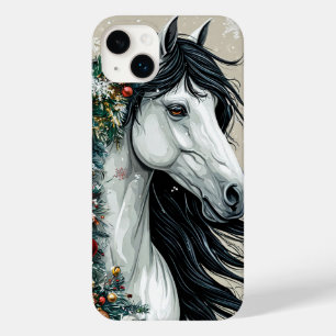 Coque Pour iPhone 14 Plus Cheval blanc avec un sapin de Noël