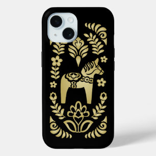 Coque Pour iPhone 15 Cheval Dala Suédois Or et Noir