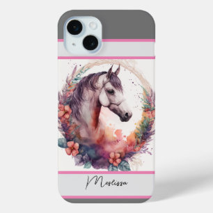 Coque iPhone 15 Mini Cheval d'aquarelle moderne Nom personnalisé