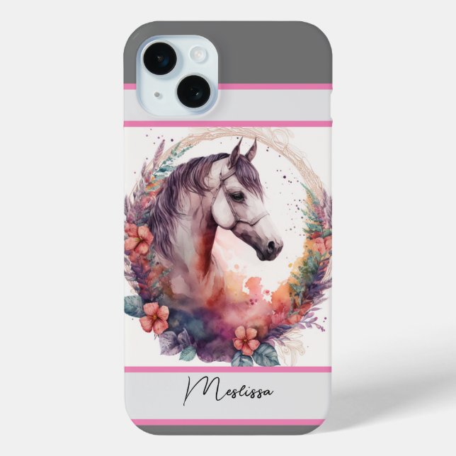 Coques Case-Mate iPhone Cheval d'aquarelle moderne Nom personnalisé (Verso)