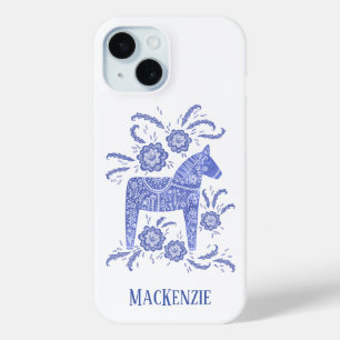 Coque Pour iPhone 15 Cheval de Dala suédois Personnalisé Bleu