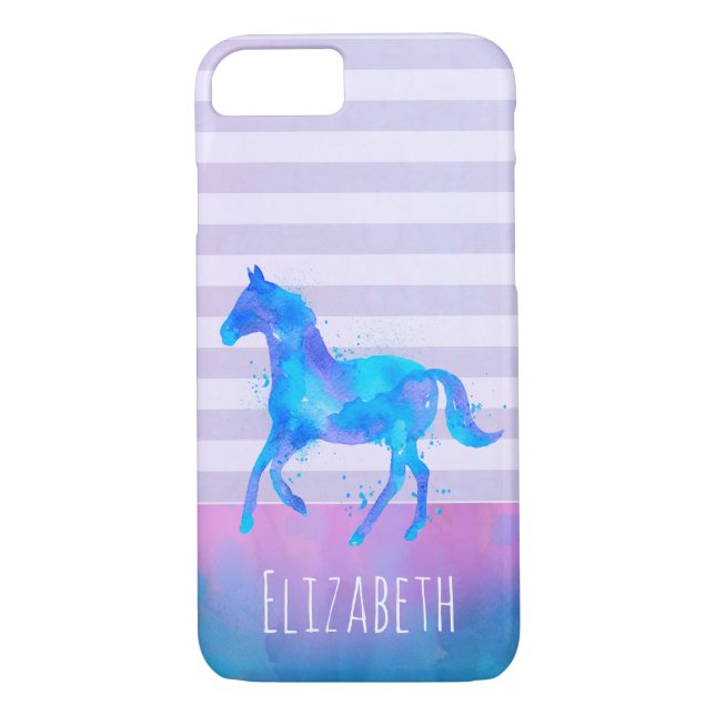 Coques Case-Mate iPhone Cheval en Aquarelle bleu et violet Personnalisé (Dos)
