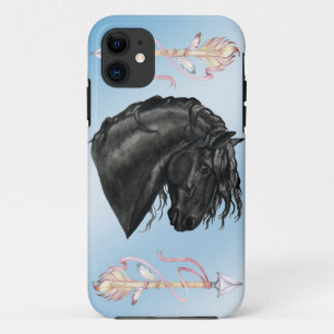 Etui iPhone Case-Mate Cheval frison d'aquarelle noire sur le bleu de