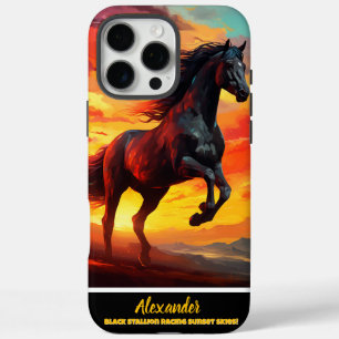 Coques iPhone 16 Pro Max "Cheval noir courant au coucher du soleil