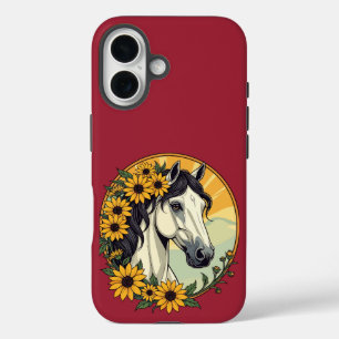 Coque Pour iPhone 16 Cheval Pur-Sang Et Fleurs de Susan aux Yeux Noirs