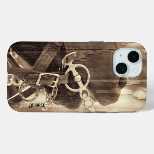 Coque Pour iPhone 15 Cheval Vintage Ouest Sepia Bois rustique