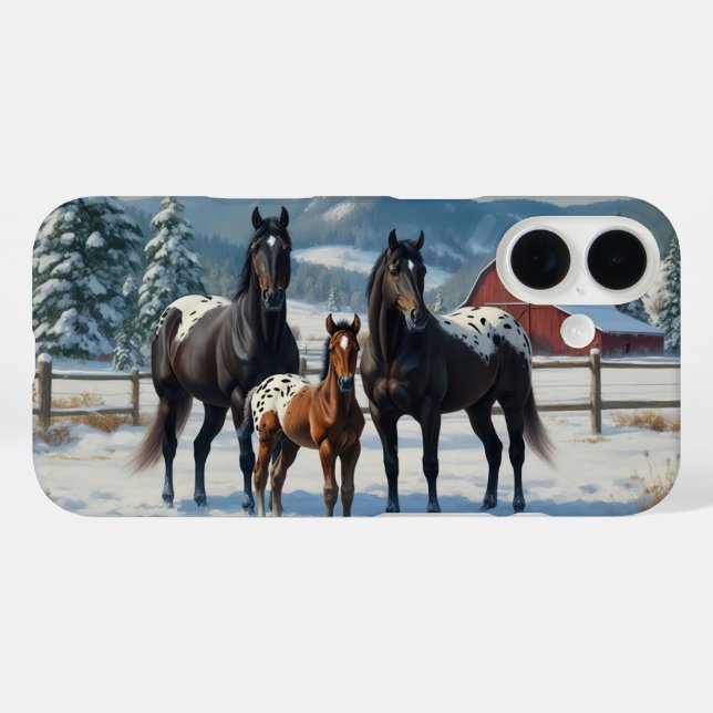 Coques Case-Mate iPhone Chevaux Appaloosa noirs sur une ferme en hiver (Verso (horizontal))